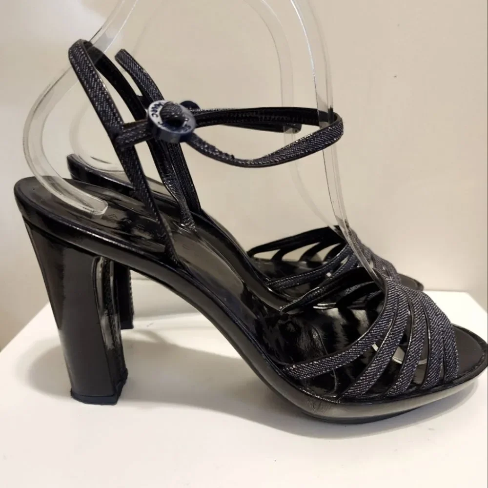 Marc Jacobs Black Patent Leather/Denim Strappy Platform Sandals Sz.7.5/38.5 $495